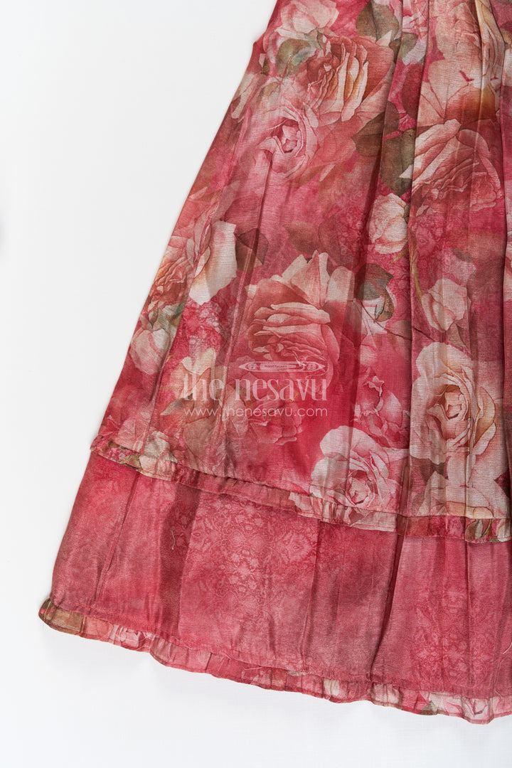 Girls Orange Frock Dress in Tissue Fabric with Floral Digital Print and Embroidered Yoke for a Chic Statement Look