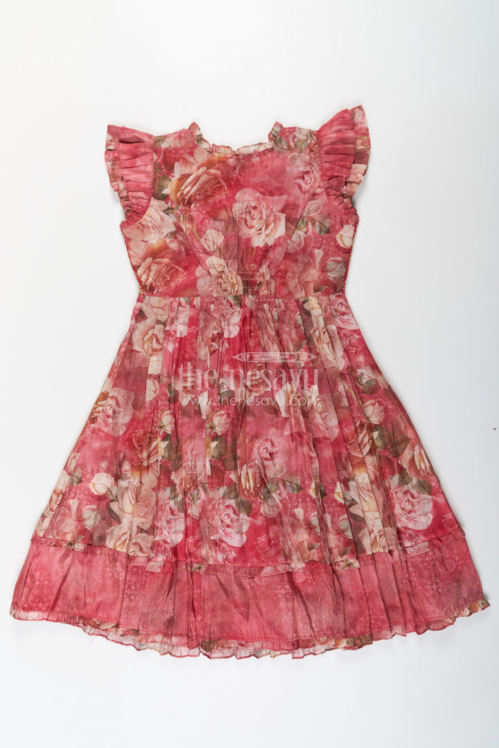 Girls Orange Frock Dress in Tissue Fabric with Floral Digital Print and Embroidered Yoke for a Chic Statement Look