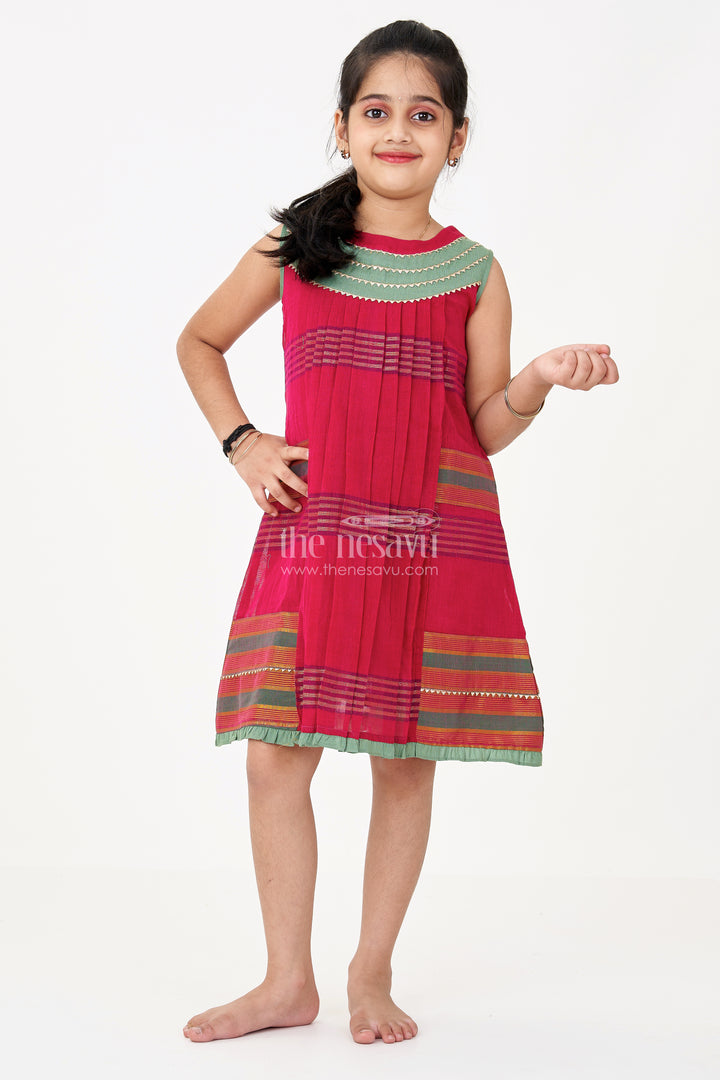 Girls Pink Dress A Line in Mangalgiri Cotton with Traditional Striped Design and Elegant Pleats