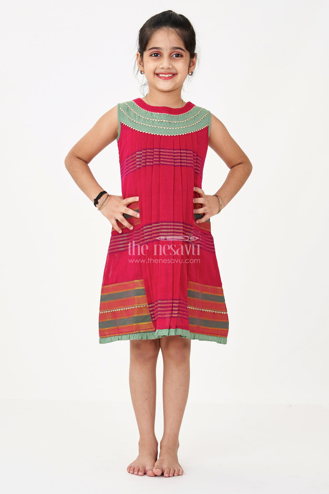 Girls Pink Dress A Line in Mangalgiri Cotton with Traditional Striped Design and Elegant Pleats