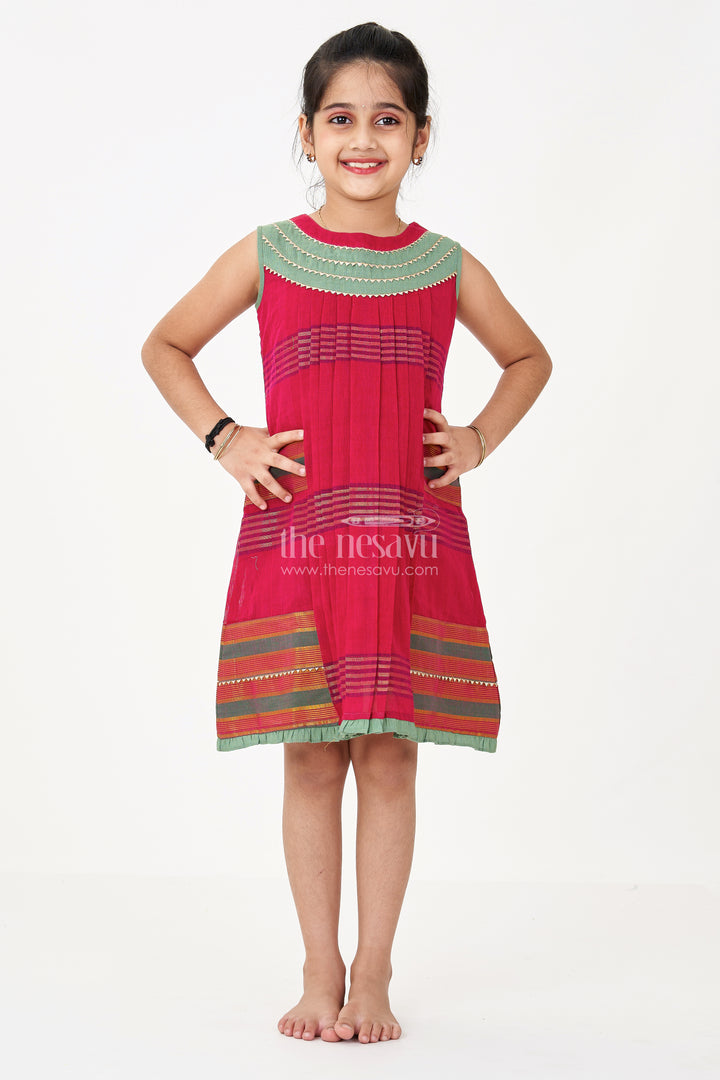 Girls Pink Dress A Line in Mangalgiri Cotton with Traditional Striped Design and Elegant Pleats