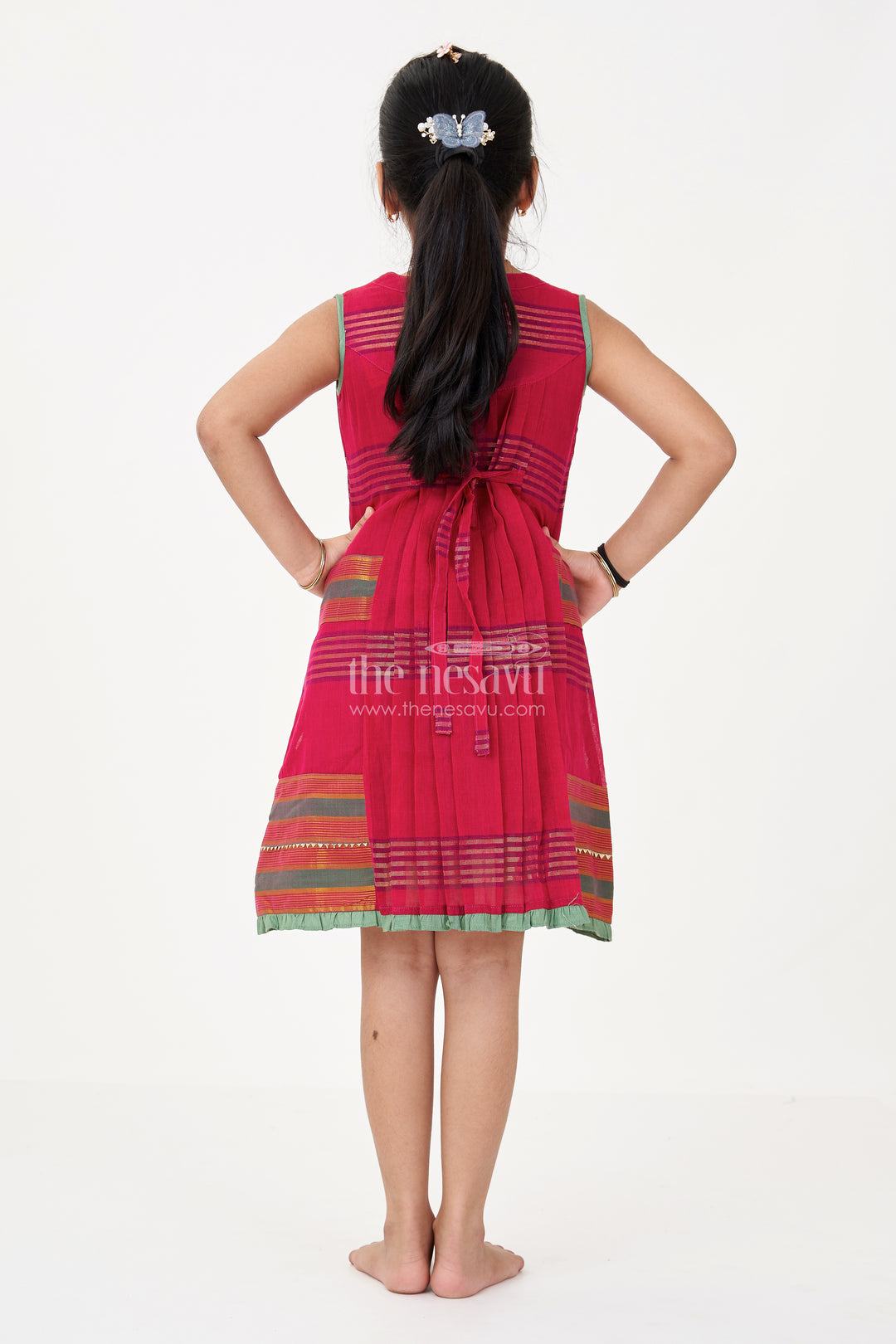 Girls Pink Dress A Line in Mangalgiri Cotton with Traditional Striped Design and Elegant Pleats