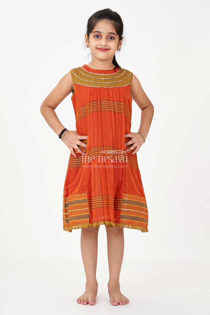 Girls Brown Color Frock in Mangalgiri Cotton with Traditional Stripes and Ornate Yoke Design