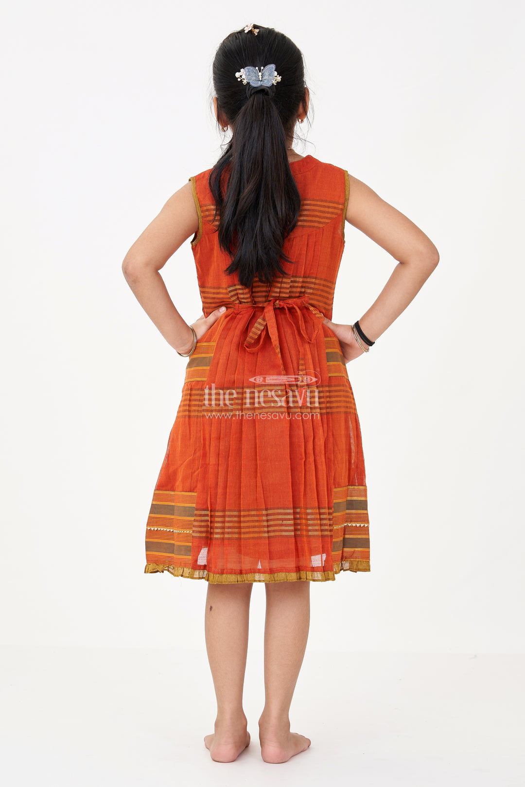 Girls Brown Color Frock in Mangalgiri Cotton with Traditional Stripes and Ornate Yoke Design