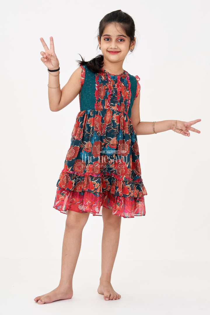 Girls Green Dress Traditional Style in Georgette with Bold Floral Prints and Layered Frill Hem