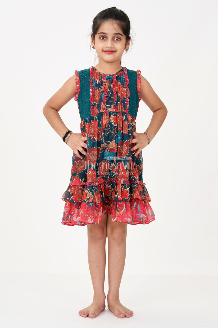 Girls Green Dress Traditional Style in Georgette with Bold Floral Prints and Layered Frill Hem