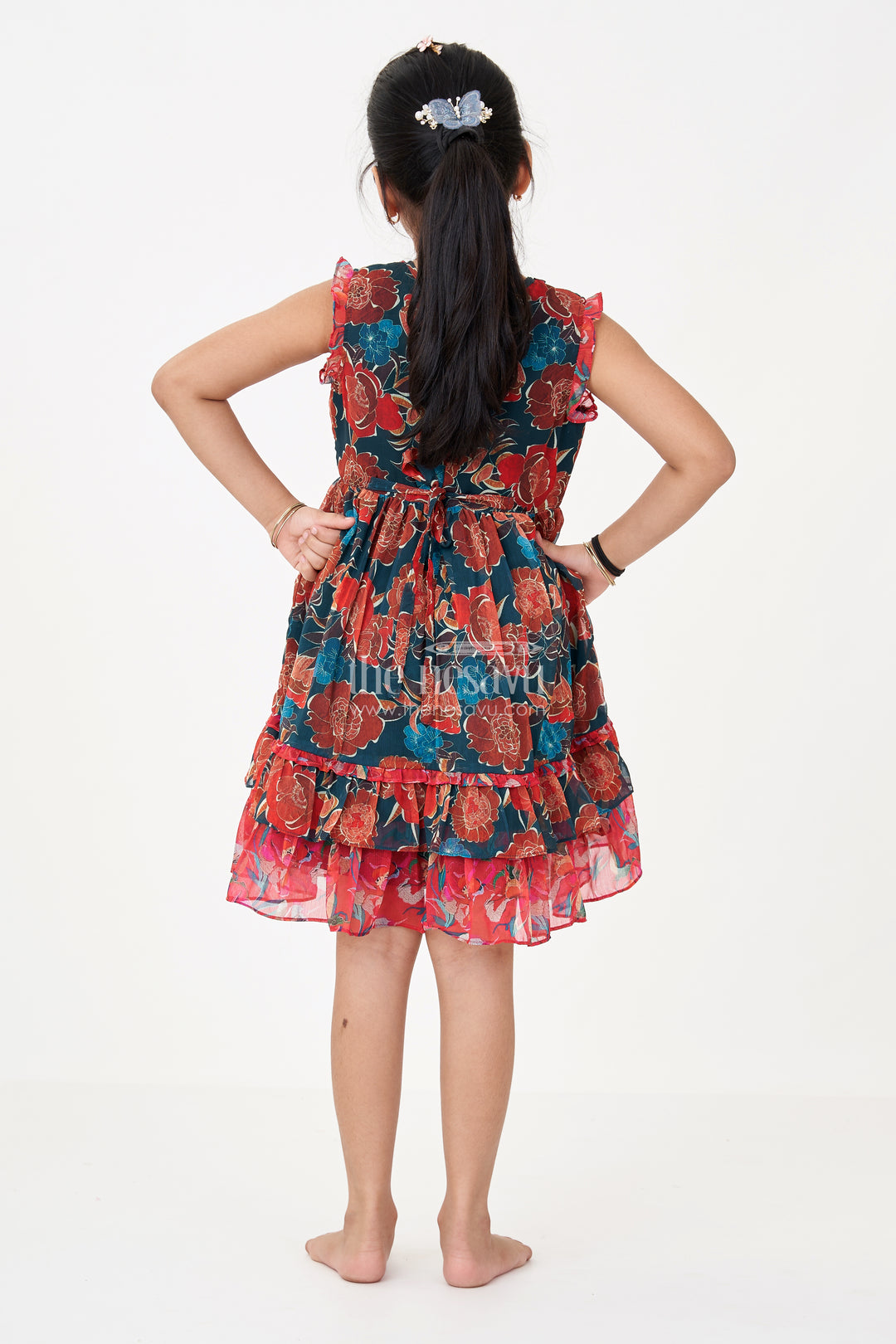 Girls Green Dress Traditional Style in Georgette with Bold Floral Prints and Layered Frill Hem