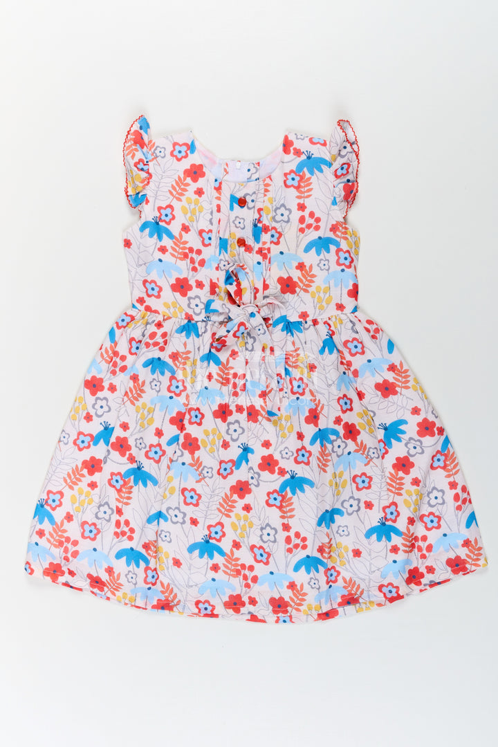 Girls Multicolor Frock in Flax Cotton with Bright Floral Digital Print and Front Button Detailing