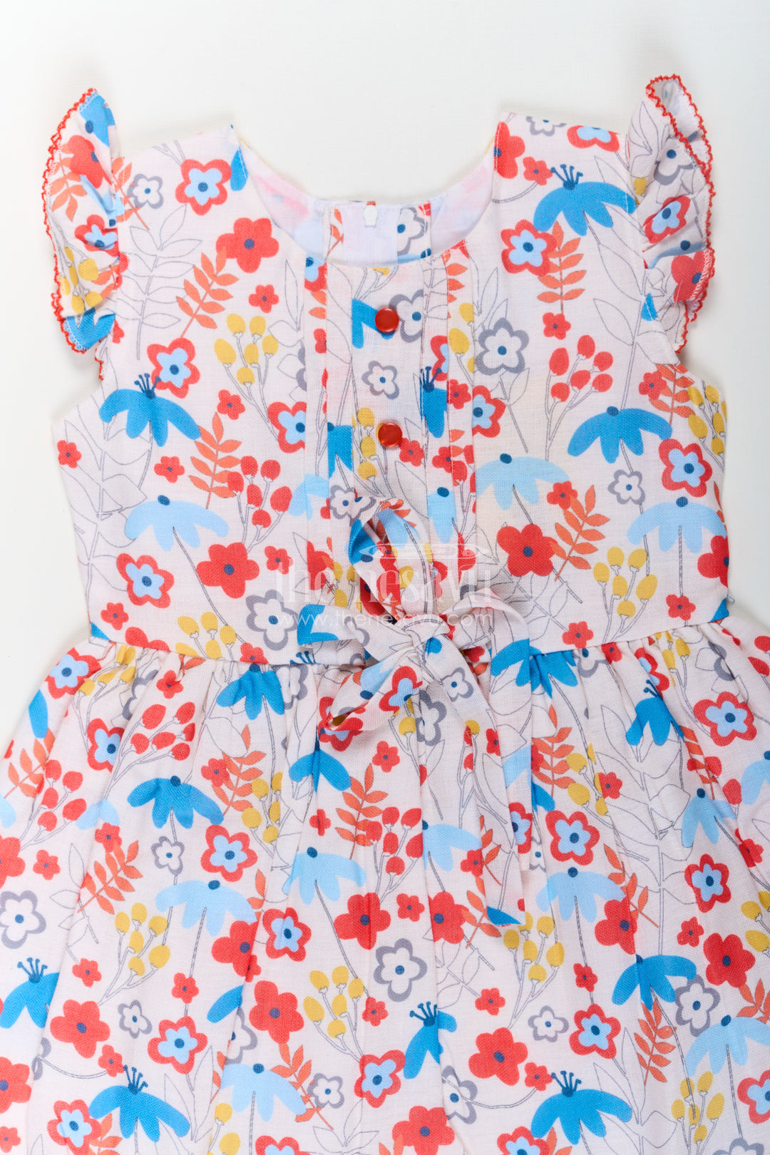 Girls Multicolor Frock in Flax Cotton with Bright Floral Digital Print and Front Button Detailing