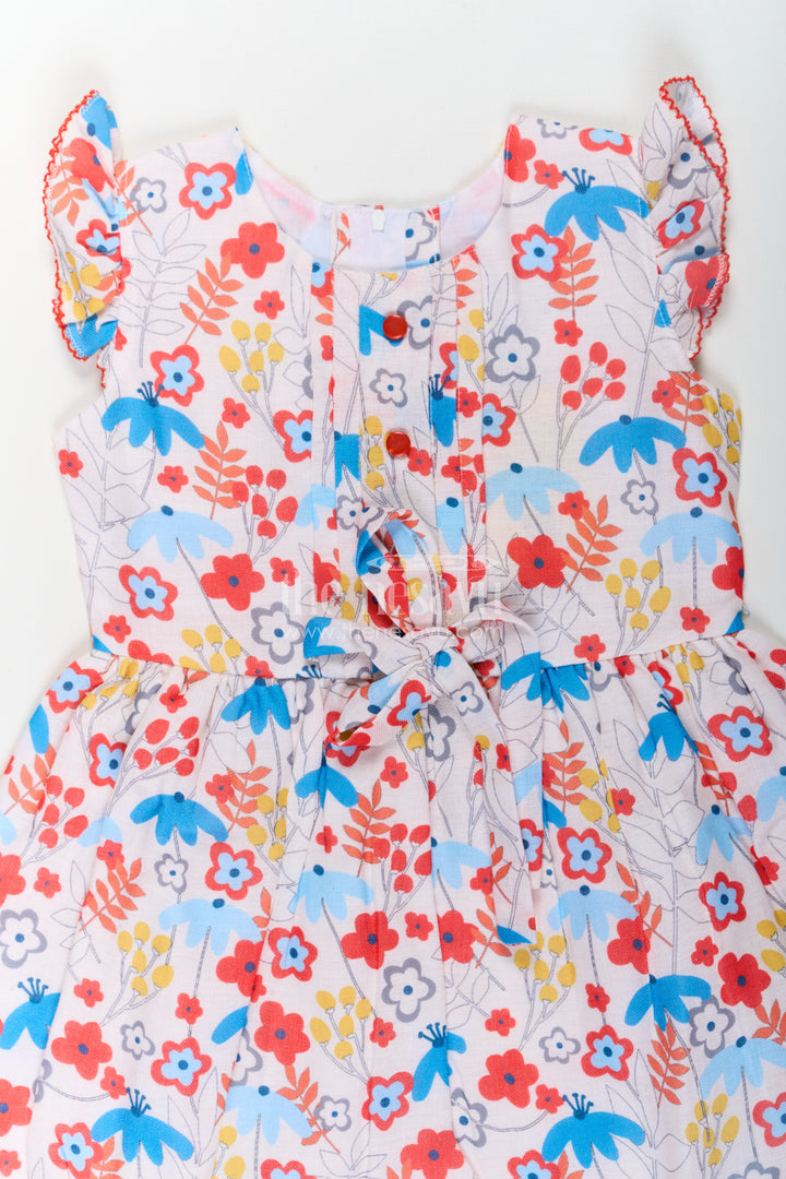 Girls Multicolor Frock in Flax Cotton with Bright Floral Digital Print and Front Button Detailing