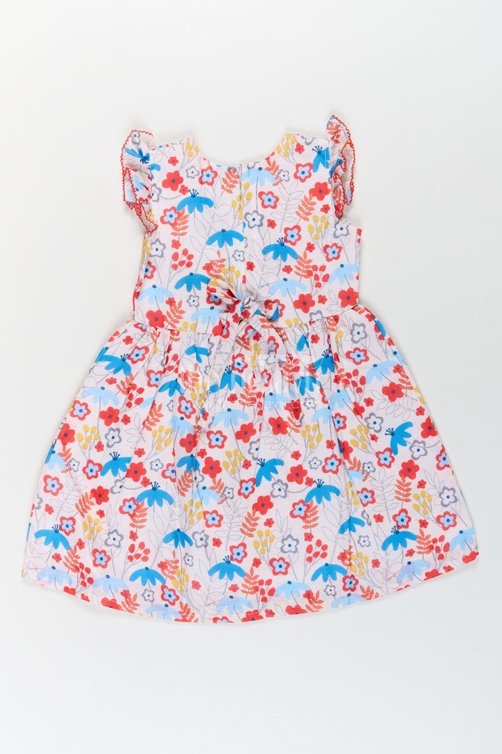 Girls Multicolor Frock in Flax Cotton with Bright Floral Digital Print and Front Button Detailing