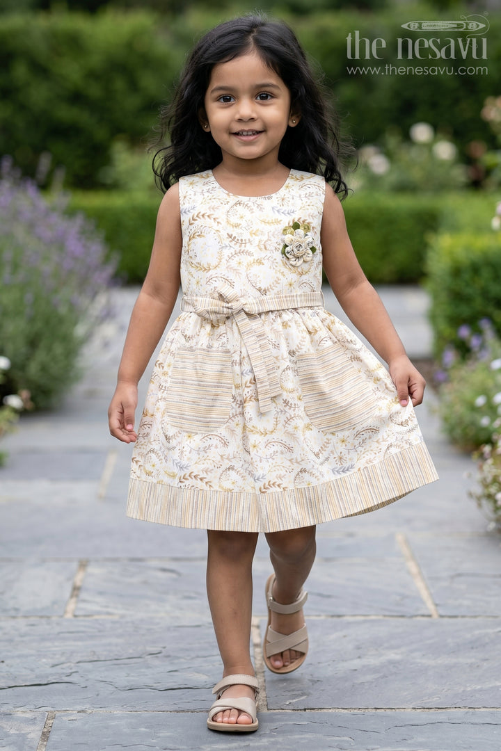 Girls Pocket Frocks in Flax Cotton with Yellow Floral Print and Bow Belt with Striped Details