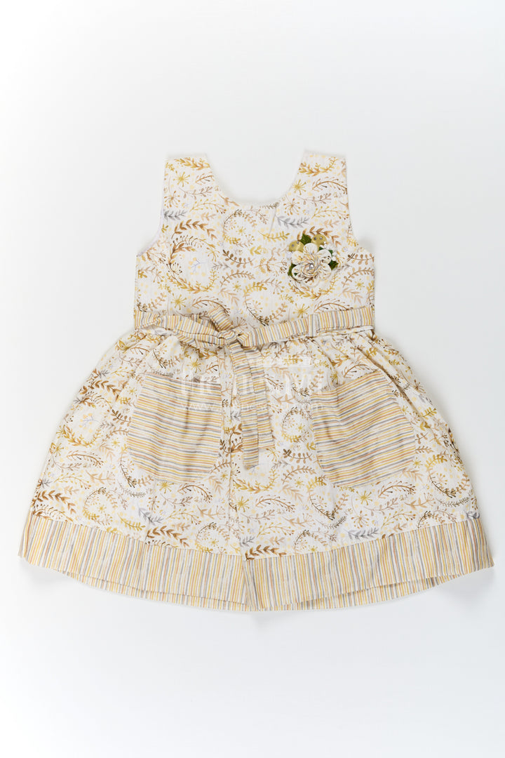Girls Pocket Frocks in Flax Cotton with Yellow Floral Print and Bow Belt with Striped Details