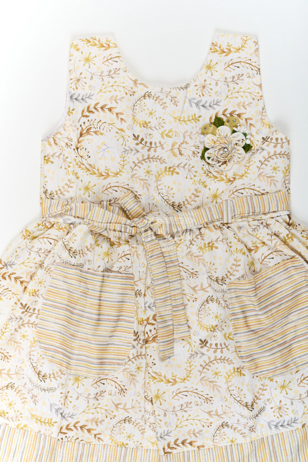 Girls Pocket Frocks in Flax Cotton with Yellow Floral Print and Bow Belt with Striped Details