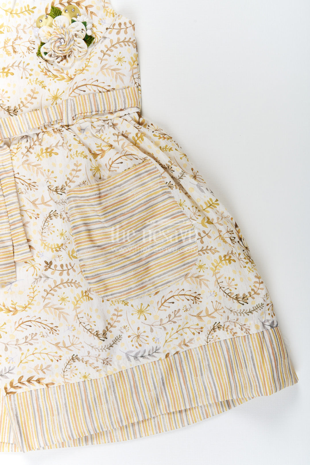 Girls Pocket Frocks in Flax Cotton with Yellow Floral Print and Bow Belt with Striped Details