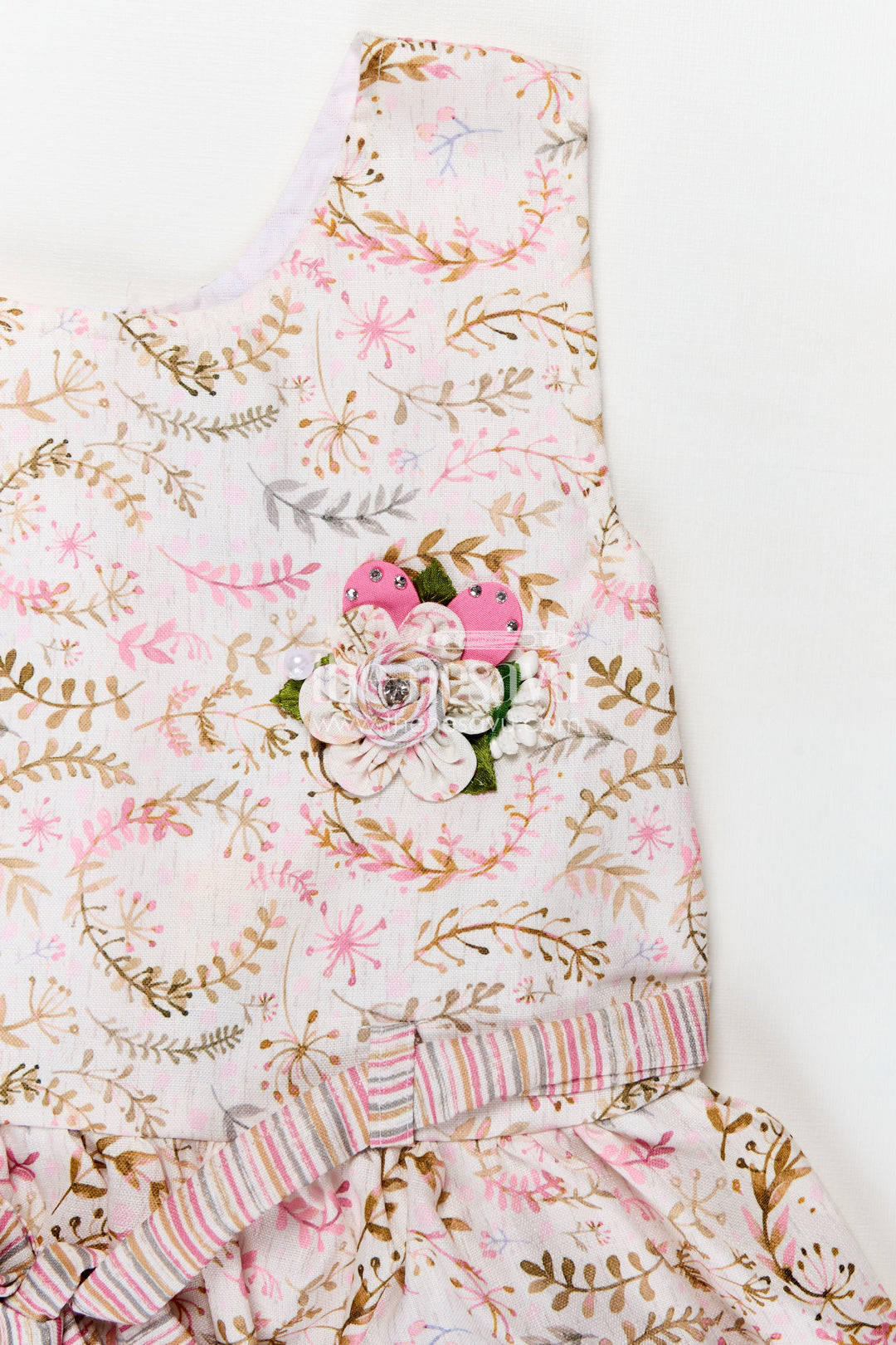 Girls Frock Belt Design in Flax Cotton with Pink Floral Digital Print and Striped Patch Pockets