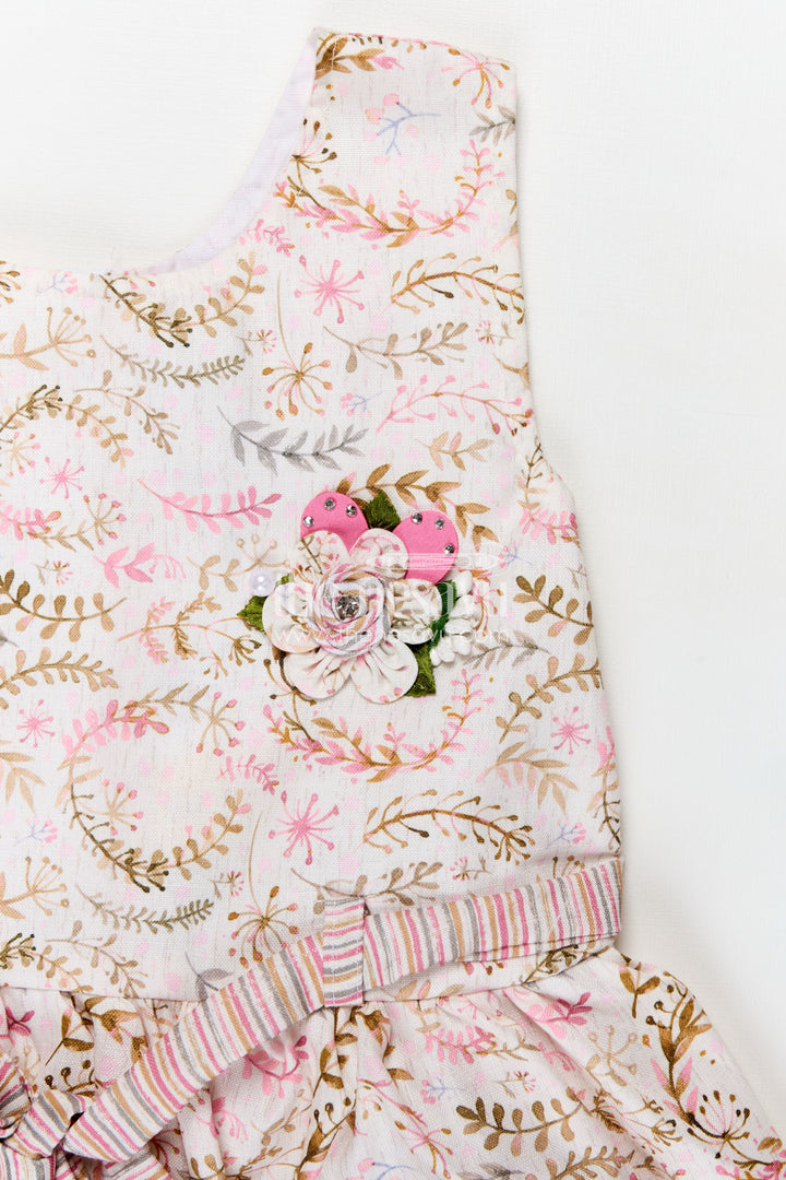 Girls Frock Belt Design in Flax Cotton with Pink Floral Digital Print and Striped Patch Pockets