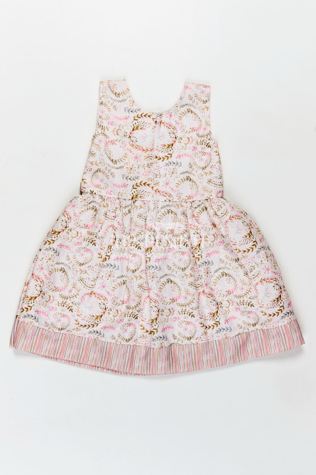 Girls Frock Belt Design in Flax Cotton with Pink Floral Digital Print and Striped Patch Pockets