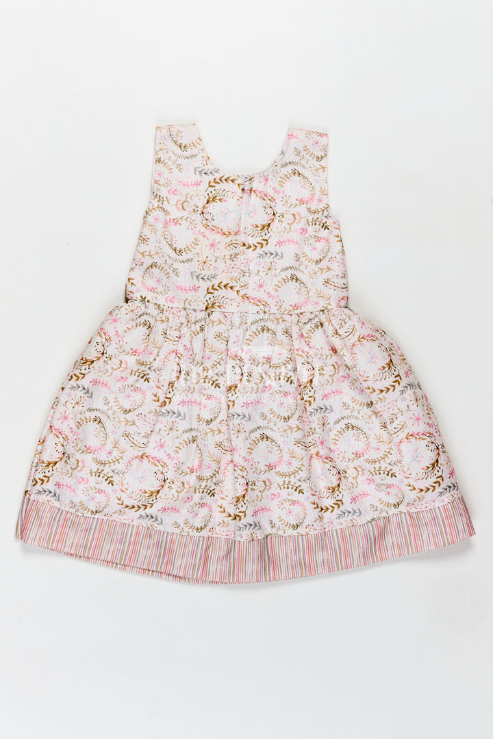 Girls Frock Belt Design in Flax Cotton with Pink Floral Digital Print and Striped Patch Pockets