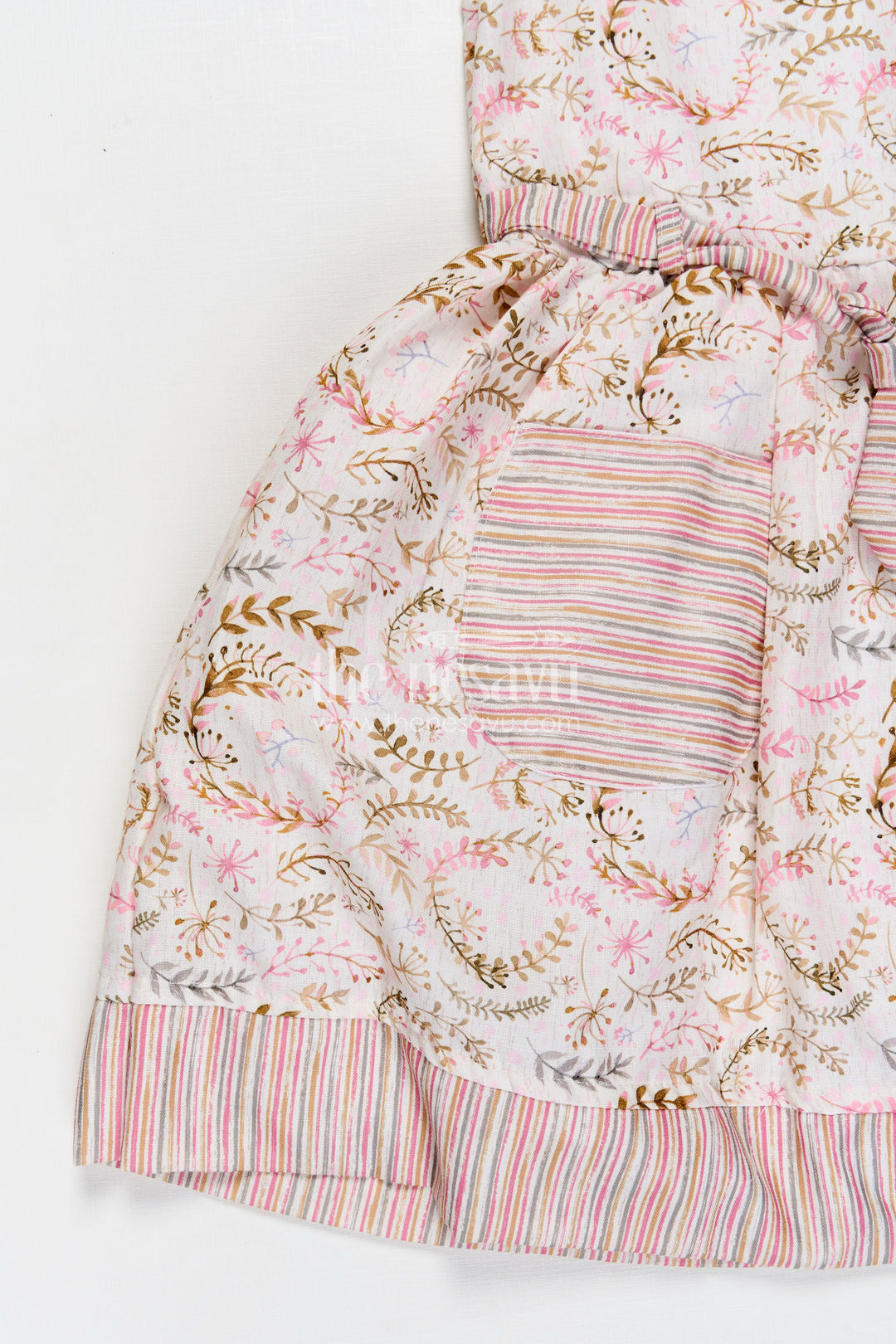Girls Frock Belt Design in Flax Cotton with Pink Floral Digital Print and Striped Patch Pockets