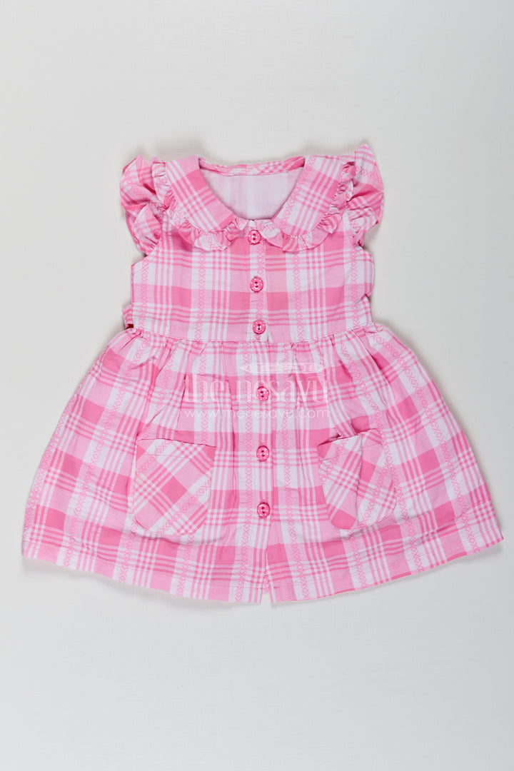 Girls Button Frock in Checked Cotton with Ruffled Neckline and Classic Pink Gingham Style
