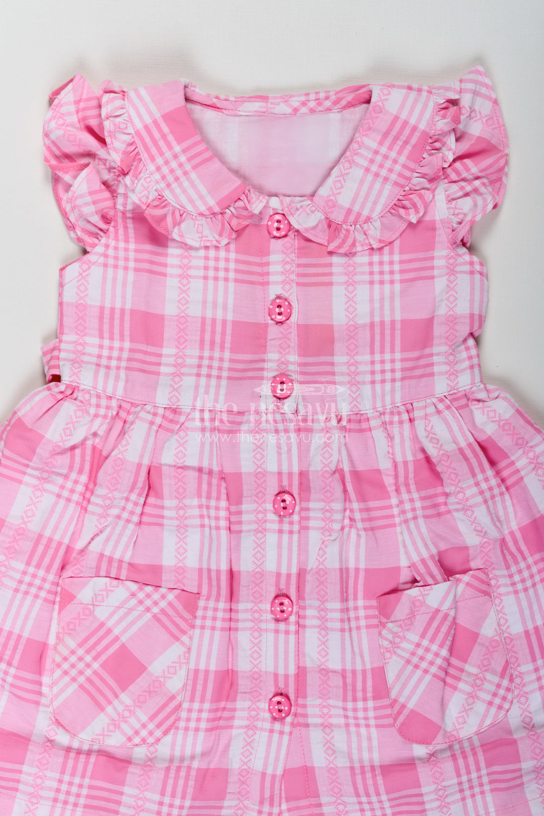 Girls Button Frock in Checked Cotton with Ruffled Neckline and Classic Pink Gingham Style
