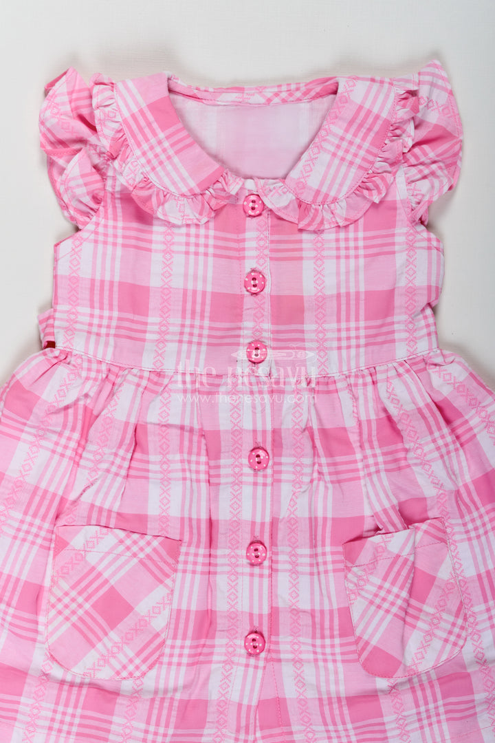 Girls Button Frock in Checked Cotton with Ruffled Neckline and Classic Pink Gingham Style