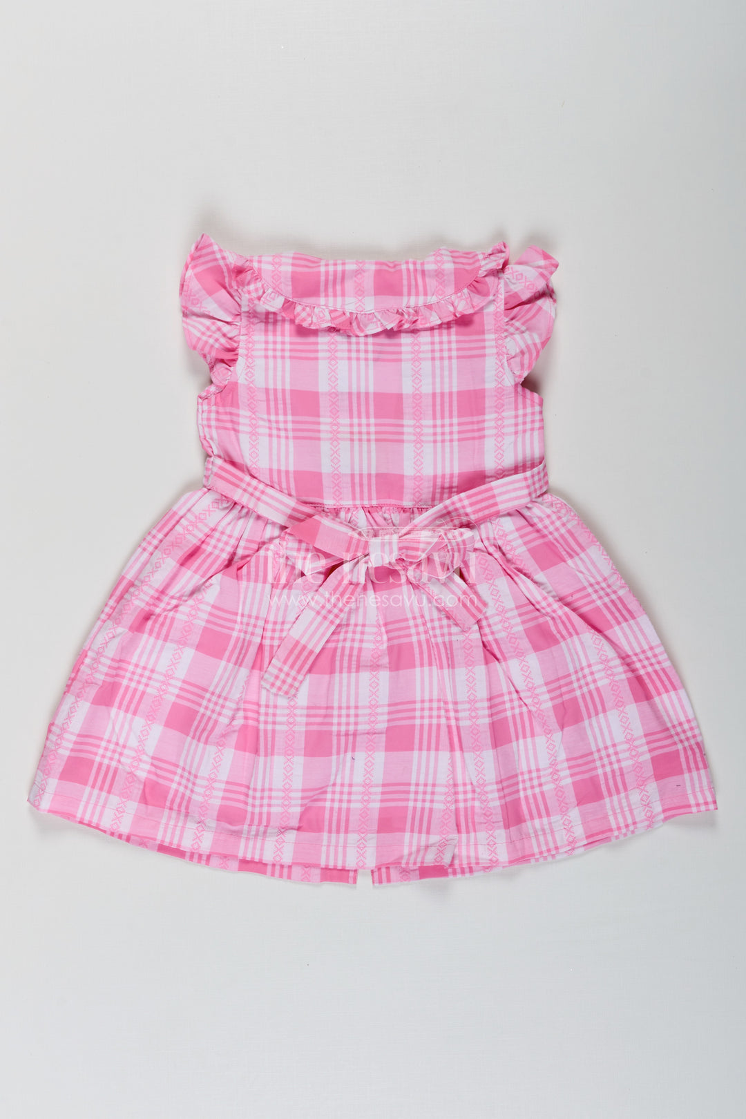 Girls Button Frock in Checked Cotton with Ruffled Neckline and Classic Pink Gingham Style