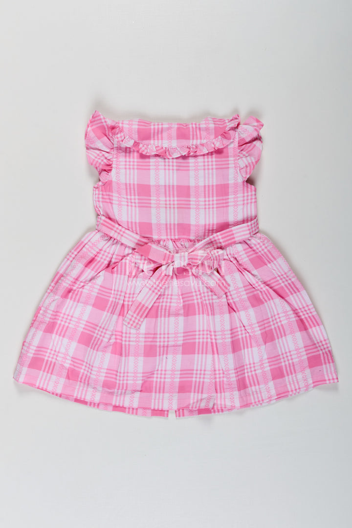 Girls Button Frock in Checked Cotton with Ruffled Neckline and Classic Pink Gingham Style