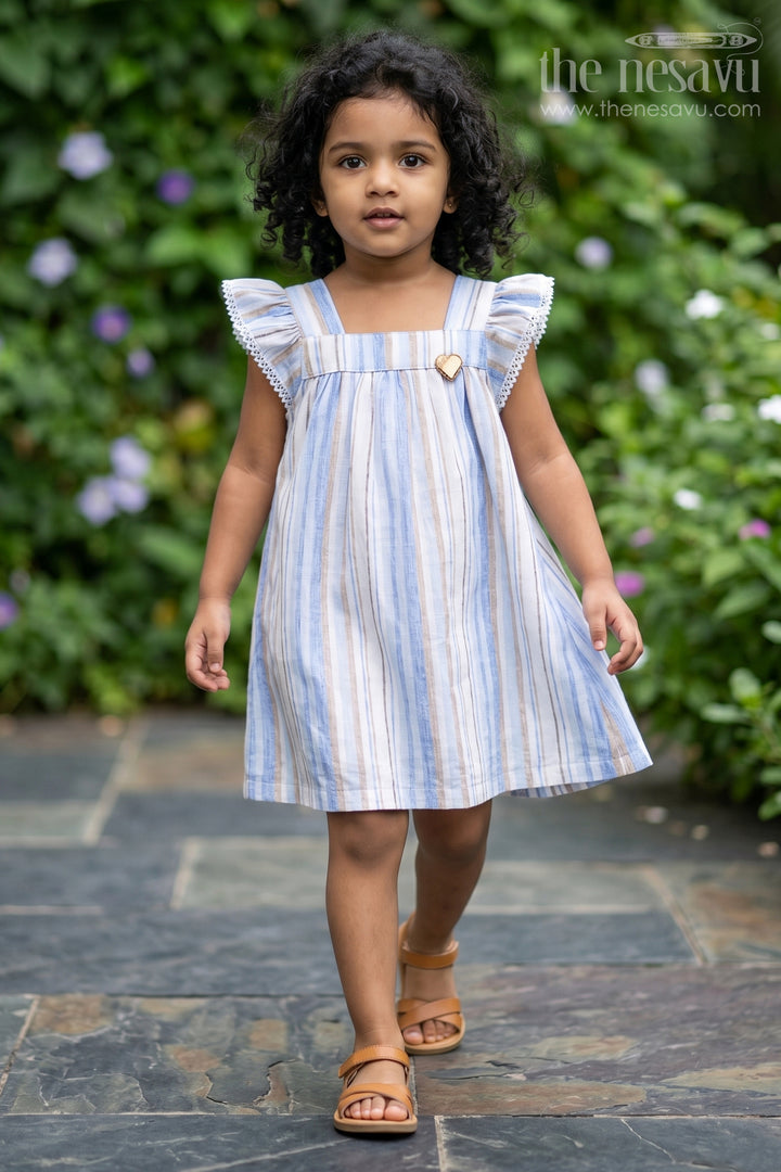 Girls Stripe Frock in Cotton with Shoulder Bows and Classic Vertical Multi Color Stripes