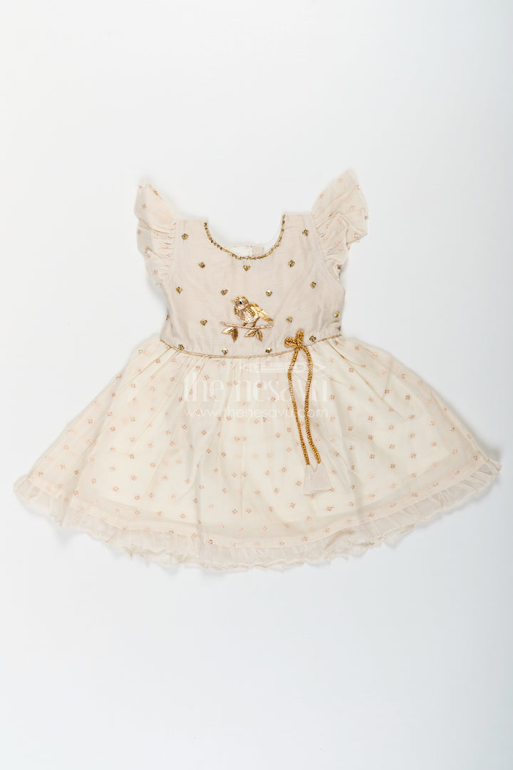 Girls Cream Chanderi Simple Frocks with Embroidered Bird Motif and Frilled Sleeves