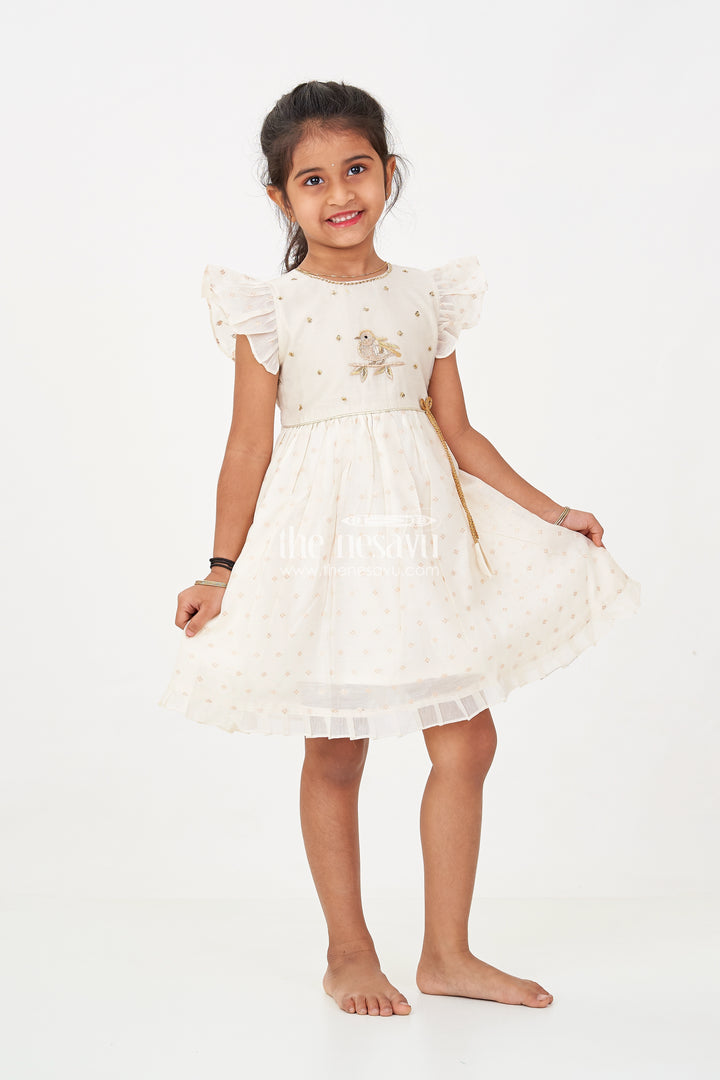 Girls Cream Chanderi Simple Frocks with Embroidered Bird Motif and Frilled Sleeves