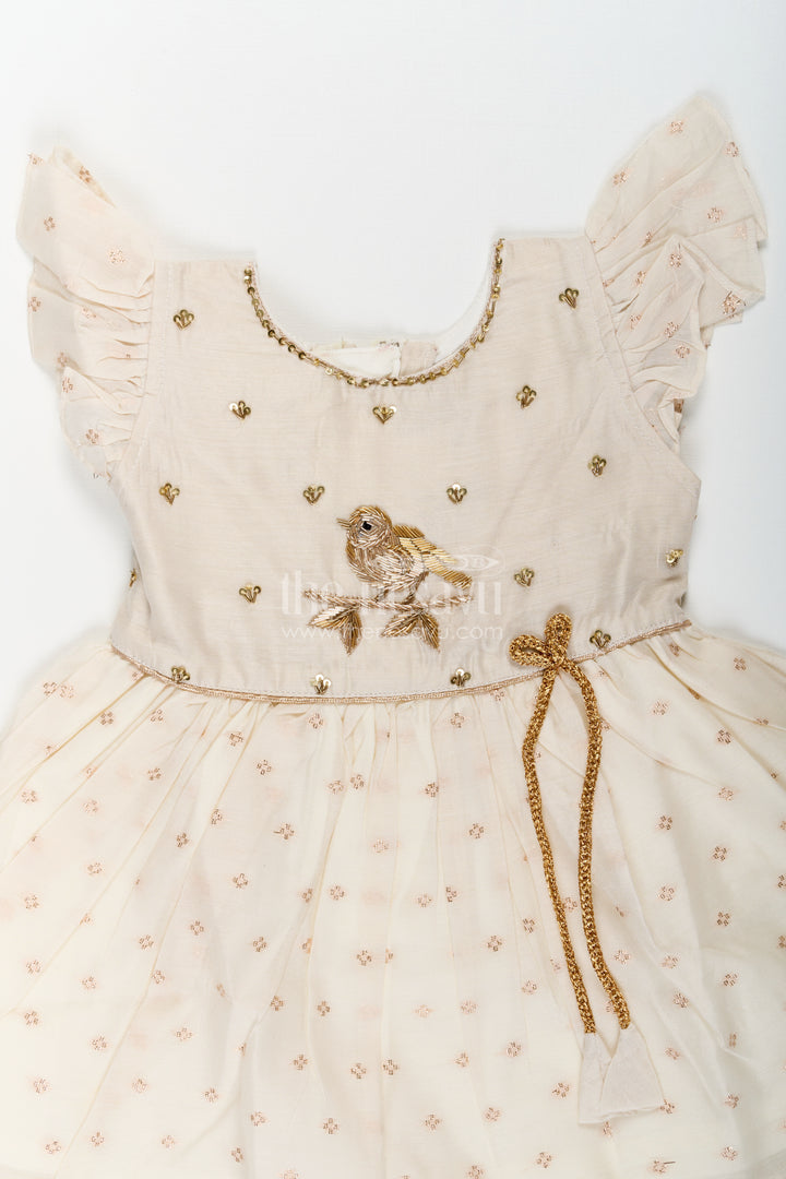 Girls Cream Chanderi Simple Frocks with Embroidered Bird Motif and Frilled Sleeves