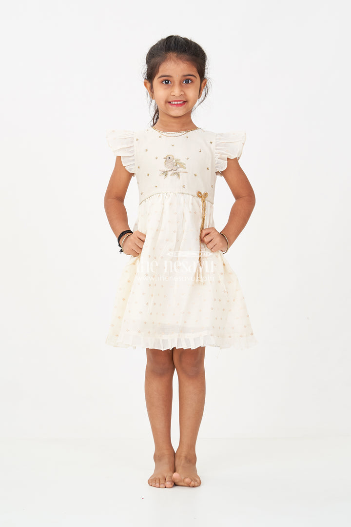 Girls Cream Chanderi Simple Frocks with Embroidered Bird Motif and Frilled Sleeves