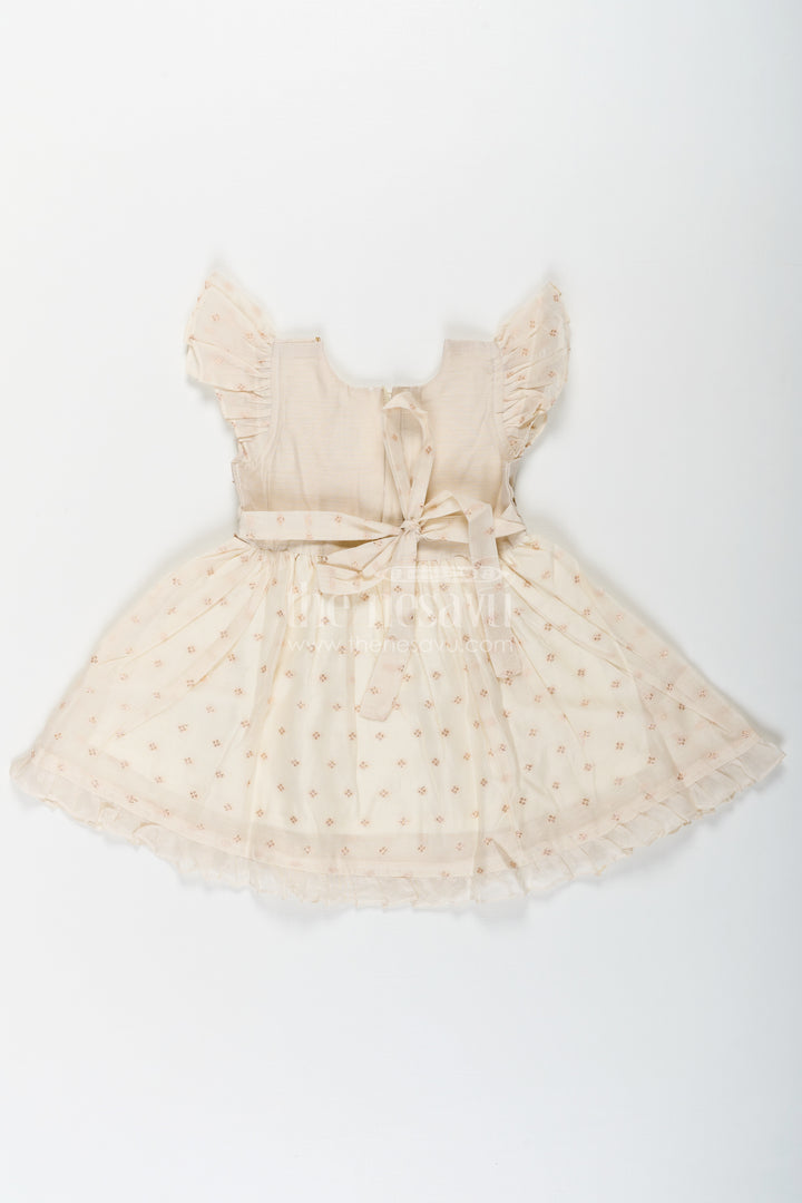 Girls Cream Chanderi Simple Frocks with Embroidered Bird Motif and Frilled Sleeves