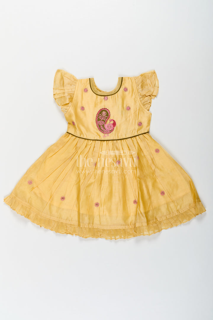 Girls Yellow Chanderi Simple Frocks Designs with Paisley Embroidery and Soft Ruffles