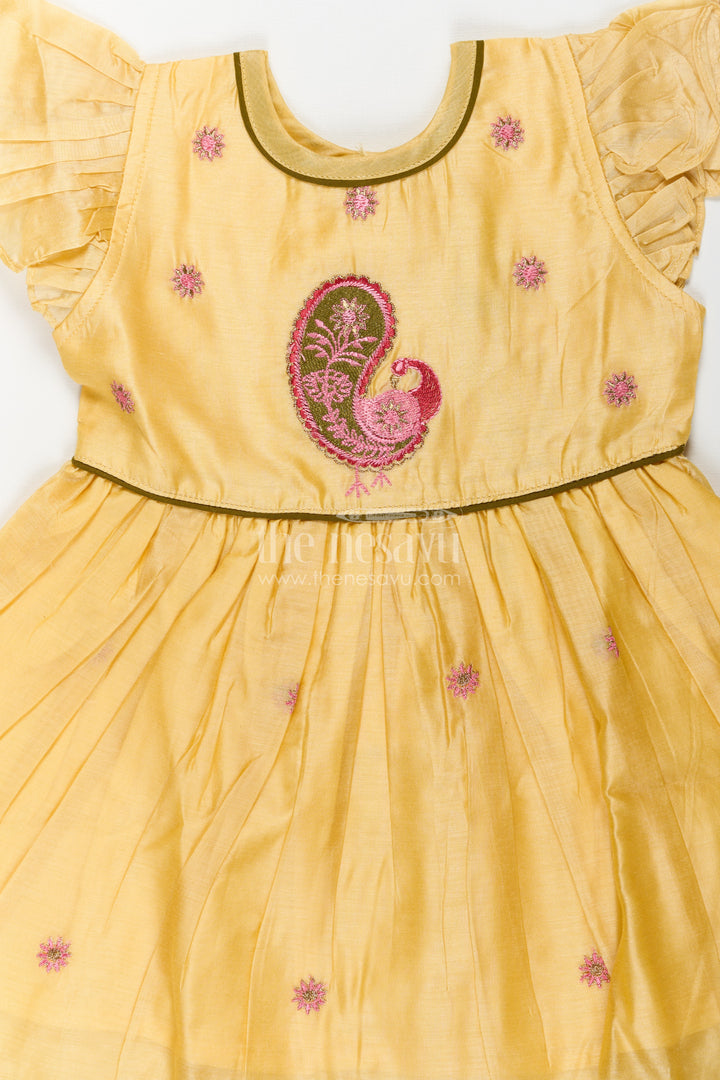 Girls Yellow Chanderi Simple Frocks Designs with Paisley Embroidery and Soft Ruffles