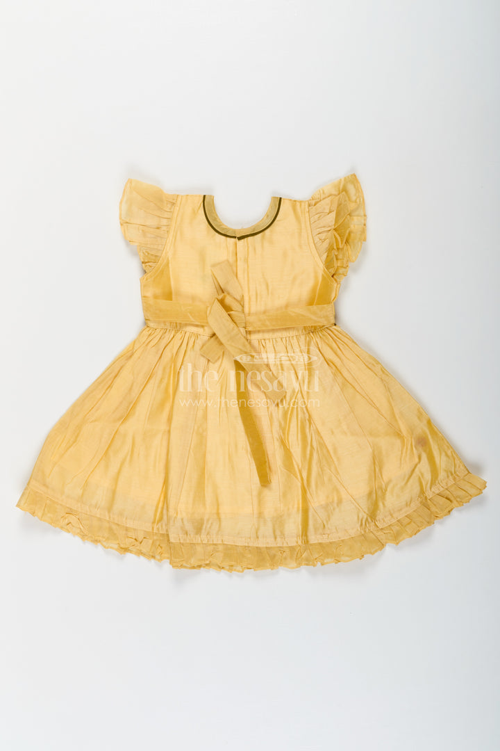 Girls Yellow Chanderi Simple Frocks Designs with Paisley Embroidery and Soft Ruffles