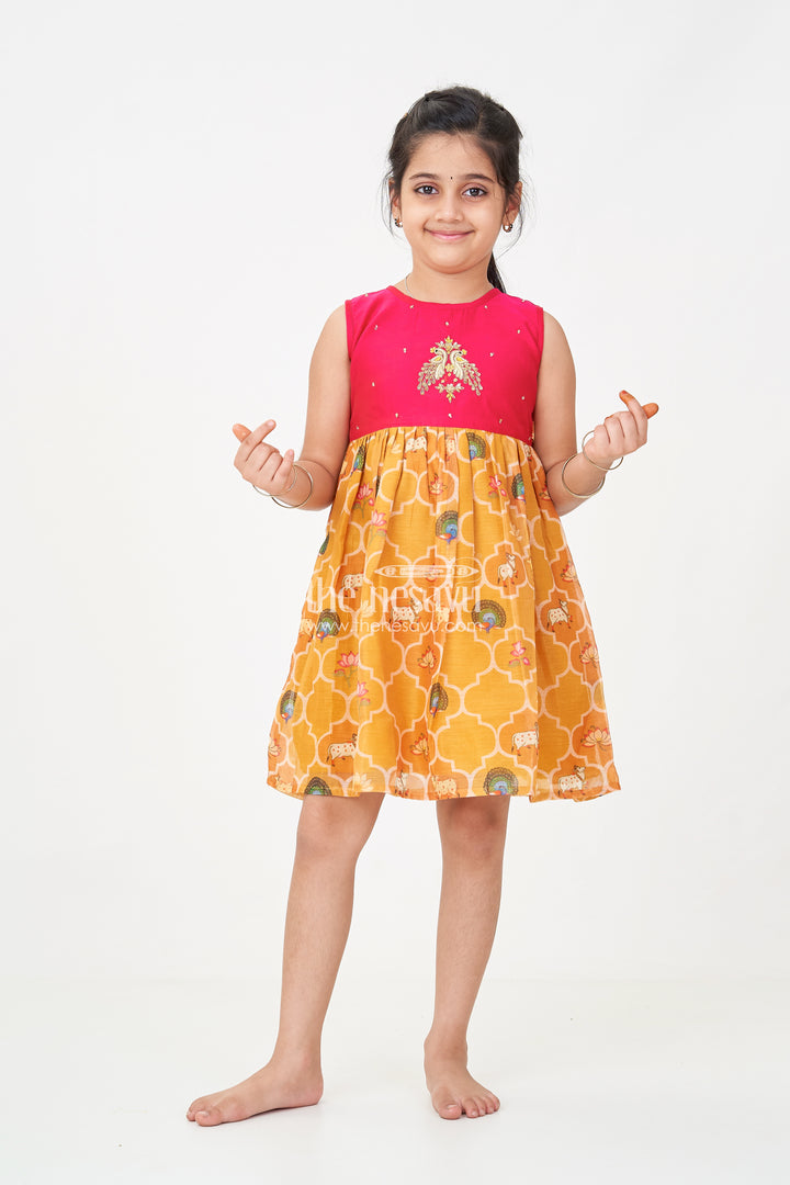 Girls New Designs of Frocks with Maroon Cotton Yoke and Animal Digital Printed Skirt
