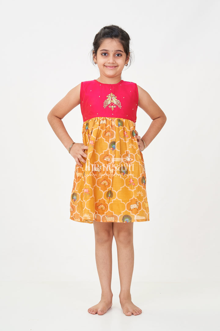 Girls New Designs of Frocks with Maroon Cotton Yoke and Animal Digital Printed Skirt