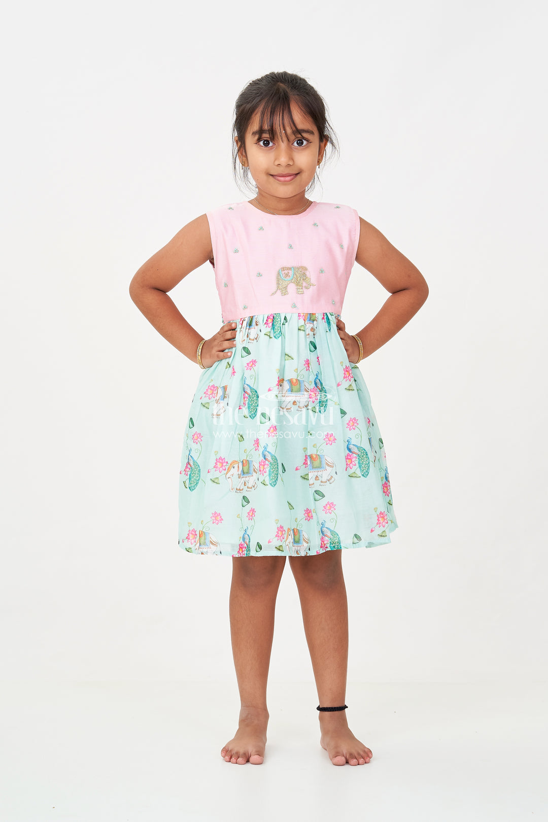 Girls New Designs Frock in Chanderi with Sequins and Pichwai Printed Skirt Bottom