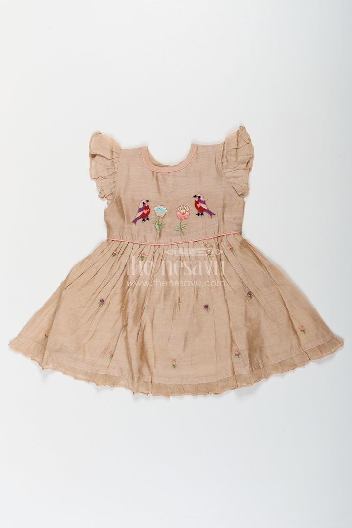 Girls Baby Party Frock in Chanderi with Thread Embroidery and Frill Sleeves