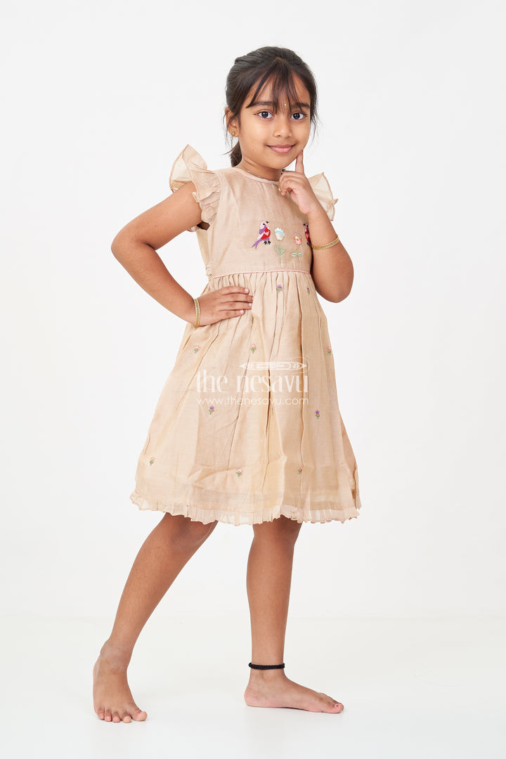 Girls Baby Party Frock in Chanderi with Thread Embroidery and Frill Sleeves