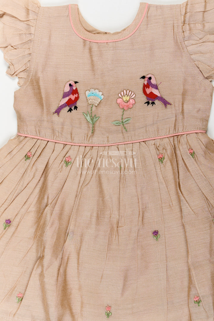 Girls Baby Party Frock in Chanderi with Thread Embroidery and Frill Sleeves