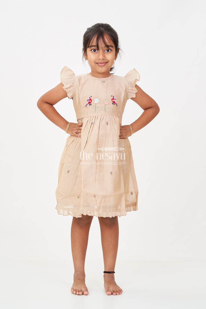 Girls Baby Party Frock in Chanderi with Thread Embroidery and Frill Sleeves