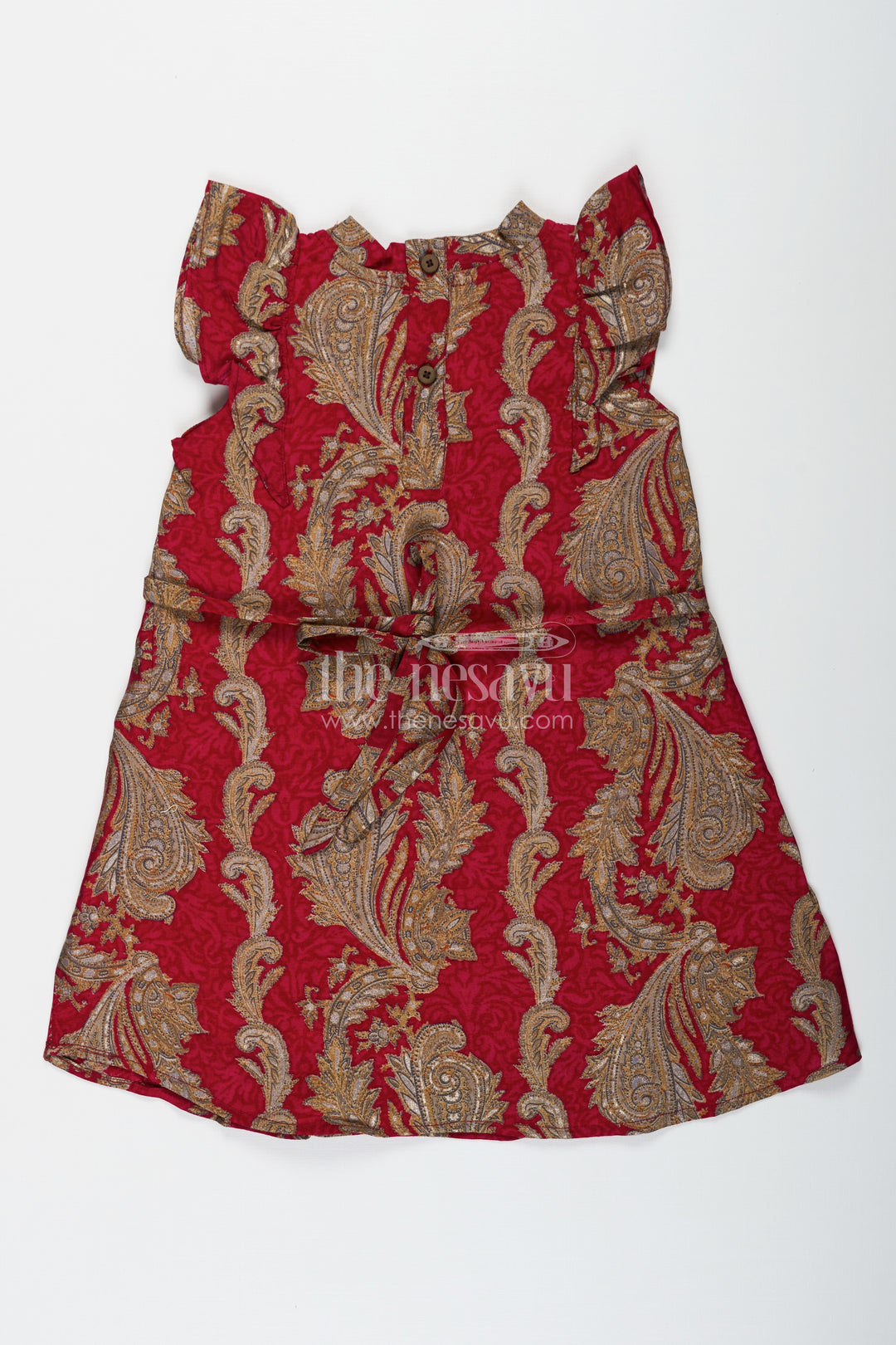 Girls Red Chanderi Frock with Gold Baroque Details Ideal for Dress Party Wear for Kids and Toddlers