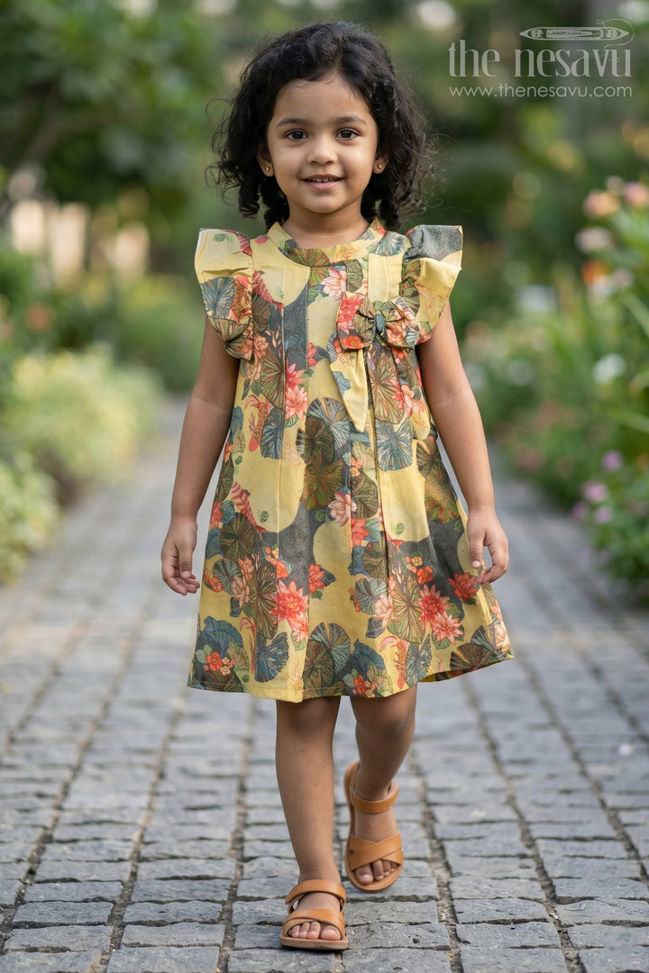 Infants Yellow Viscose Silk Frock with Vibrant Floral Digital Print Perfect for Infant Party Dress Style