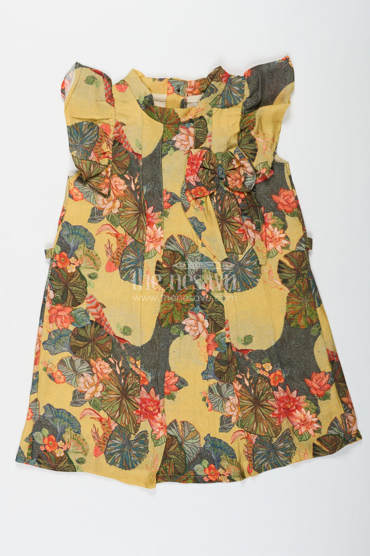 Infants Yellow Viscose Silk Frock with Vibrant Floral Digital Print Perfect for Infant Party Dress Style
