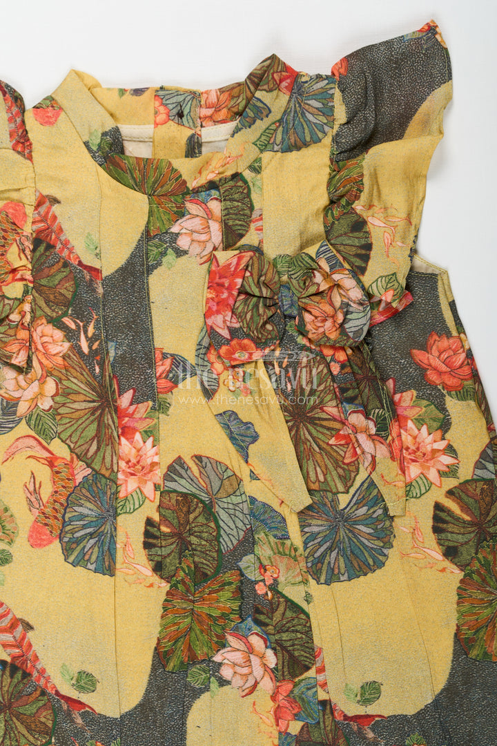 Infants Yellow Viscose Silk Frock with Vibrant Floral Digital Print Perfect for Infant Party Dress Style