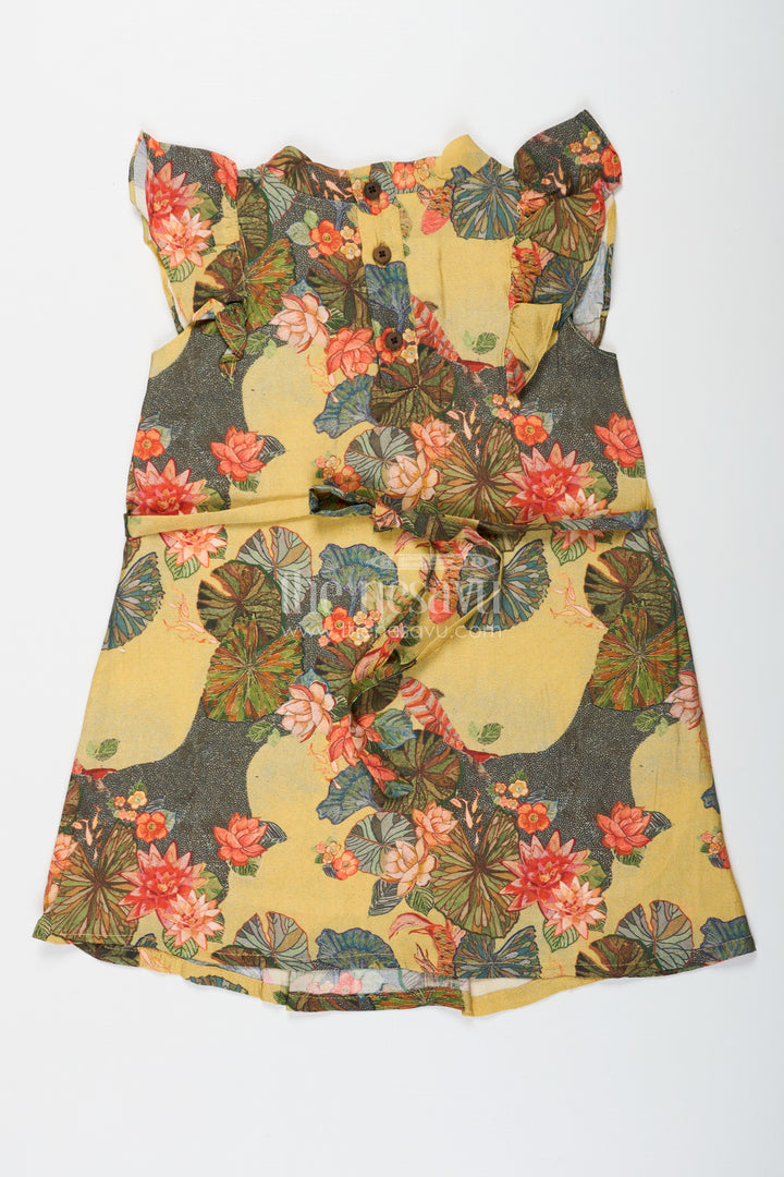 Infants Yellow Viscose Silk Frock with Vibrant Floral Digital Print Perfect for Infant Party Dress Style